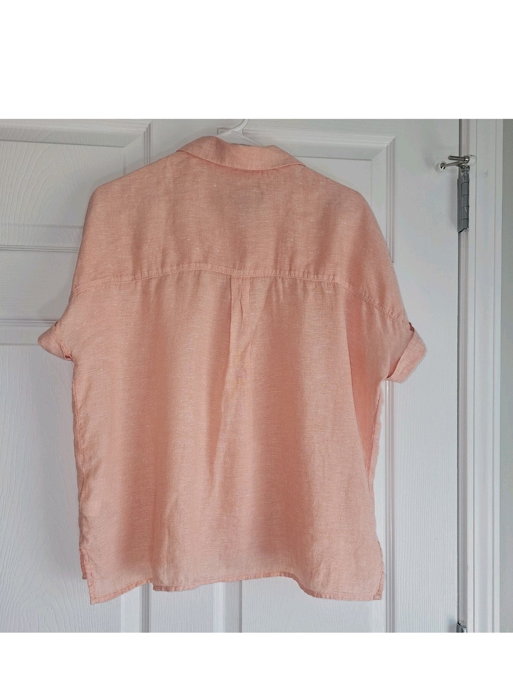 100% Linen Womens Blouse Top Peach Button-up Short Sleeve Minimalist Relaxed L - Picture 2 of 5